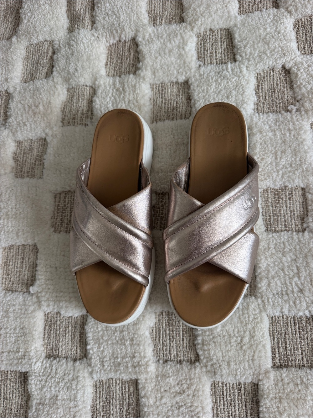 UGG Metallic Rose Gold Crossband Slide Sandals